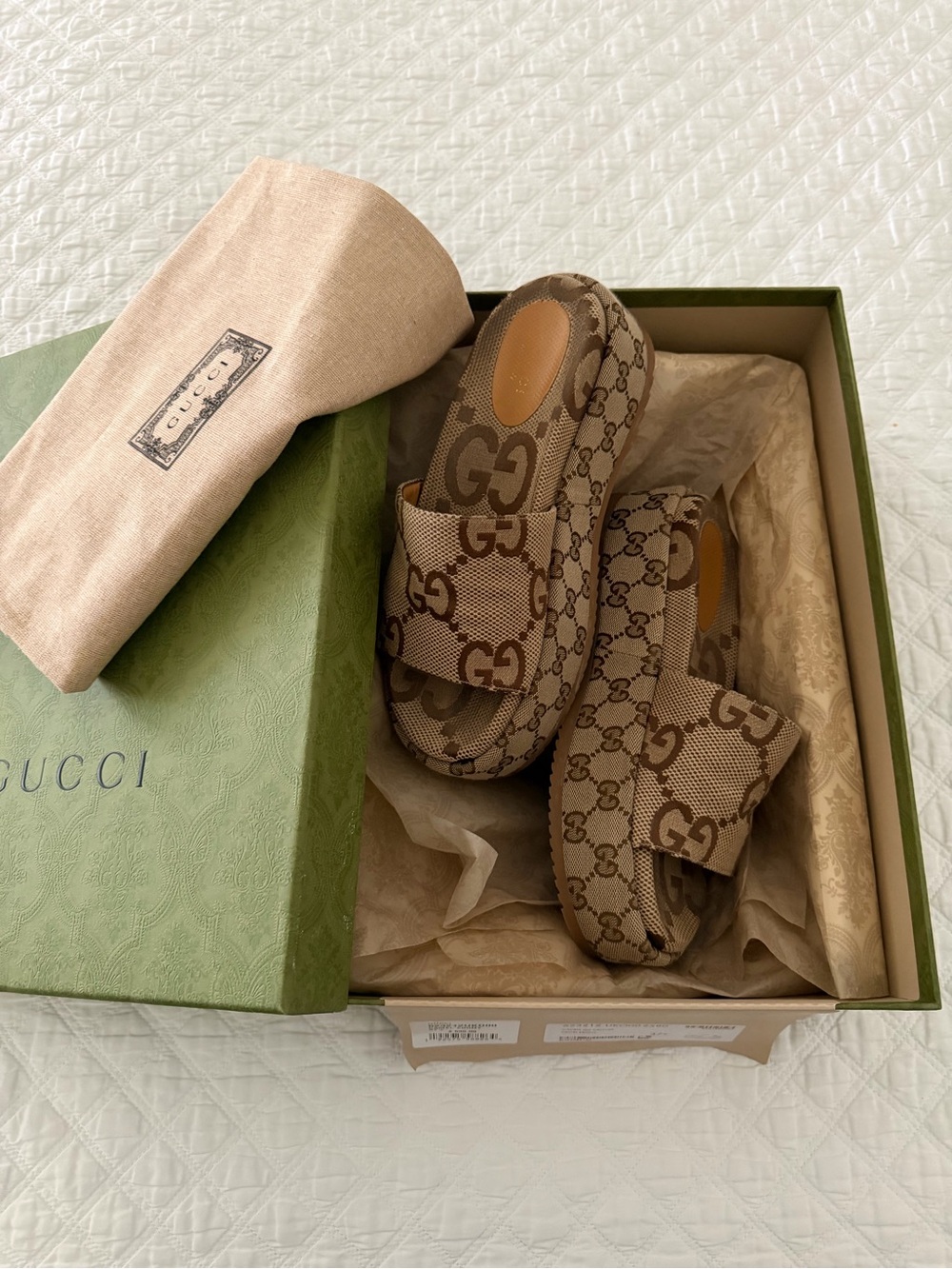 Gucci Brown Beige Logo Platform Slide Sandals - Picture 10 of 13